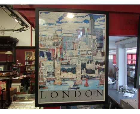 "London The City" coloured print by Chris Rogers, signed by artist, framed and glazed, 81cm x 61cm