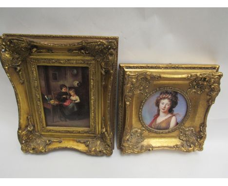 A modern oleograph print depicting interior Victorian scene with Mother &amp; Child and Princess, gilt framed (2)
