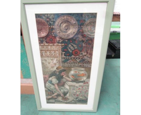 After W. Coleman, a print depicting girl with fish bowl within Eastern interiors, framed and glazed, 68cm x 43cm approx.