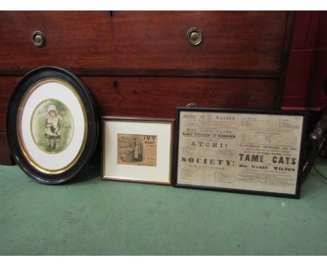A framed oval coloured print of girl, framed Ivy Soap advert and theatre advert in frame (3)