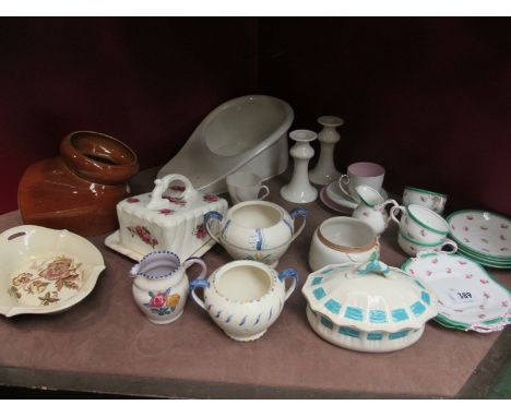 A quantity of mixed ceramics including Wattisfield salt cellar, bed slipper pan, Clarice Cliff transfer print dish etc.