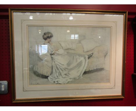 Lithograph after Edward van Goethem (1857-1924), portrait of a lady reclining on a sofa, 34cm x 50cm