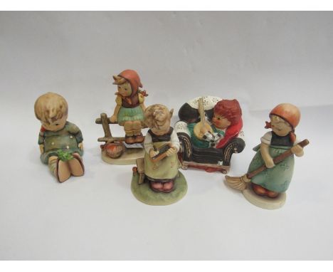 Five Goebel Hummel figurines including girl sweeping and child in chair