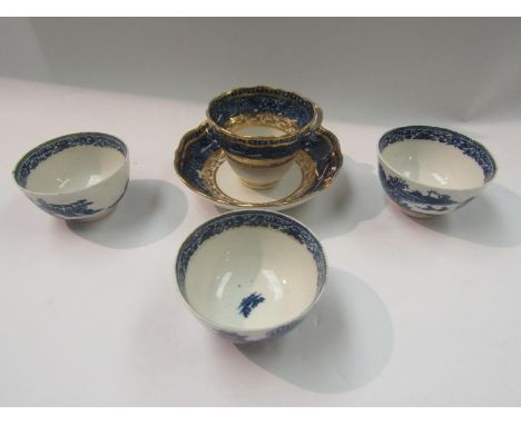 Three Caughley porcelain tea bowls and a Caughley cup and saucer