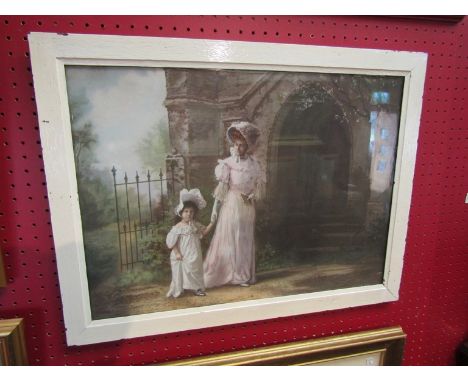 Vintage print, circa 1910 in the manner of Sir John Lavery (1856-1941), Mother and daughter in Edwardian style dress in front