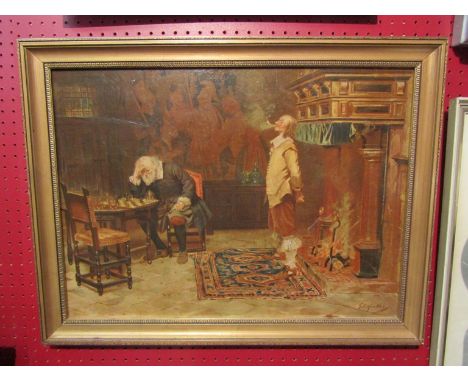 After Godfrey C Hindley (active 1873-1914), oleograph, "Cornered" 17th Century scene of two cavaliers playing chess, one sitt