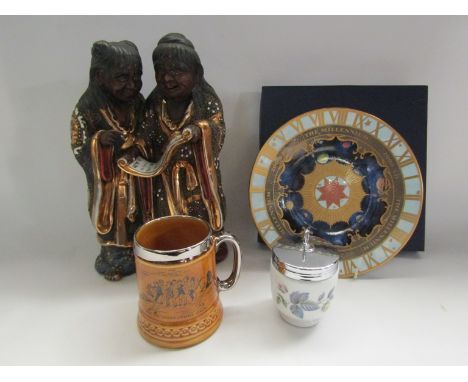 A figural group of monks, egg coddler, Worcester plate etc  (4)