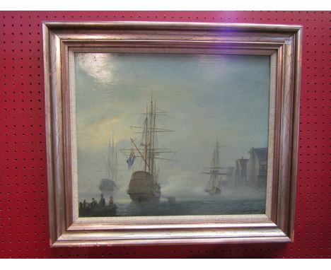 LEONARD JONES (b. 1955): A framed seascape, oils on board, 19th Century naval frigates leaving port, signed lower right, 36cm