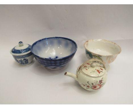 A Victorian Sunderland bowl with vase, Victorian sponge decorated blue and white bowl, small antique creamware teapot and ear