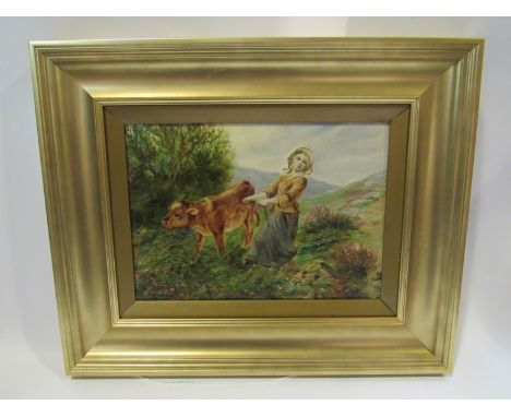 An over-painted oleograph of a girl leading a calf, approx 30 x 20cm, gilded frame