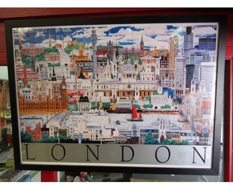 "London" coloured print by Chris Rogers, signed by artist, framed and glazed, 63cm x 88cm