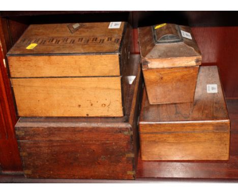 A walnut and marquetry sewing box, a rosewood sewing box, a similar mahogany sewing box and a rosewood tea caddy