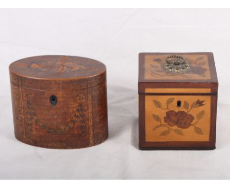 A George III mahogany square tea caddy, top and sides inlaid floral marquetry, central gilt metal handle, 4 1/2" wide, and a 