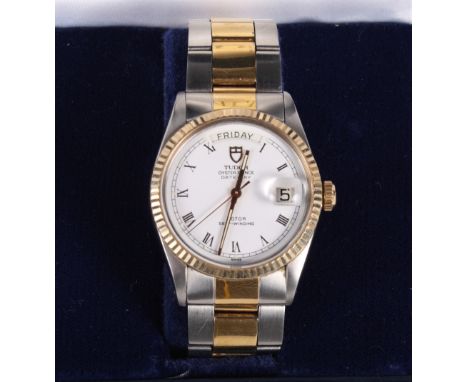 A gentleman's Tudor Oyster Prince Date-Day Rotor self-winding wristwatch with bi-metal case and bracelet, white enamel dial, 