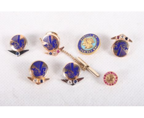 Five 10ct gold, enamel and jewel set Air France lapel badges and two others