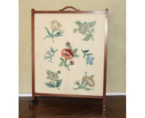 A staved oak bucket decorated copper handle and bands and a mahogany framed firescreen