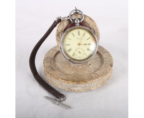 A silver cased open faced pocket watch with white enamel dial and subsidiary seconds dial marked Kay's Triumph, on a turned m