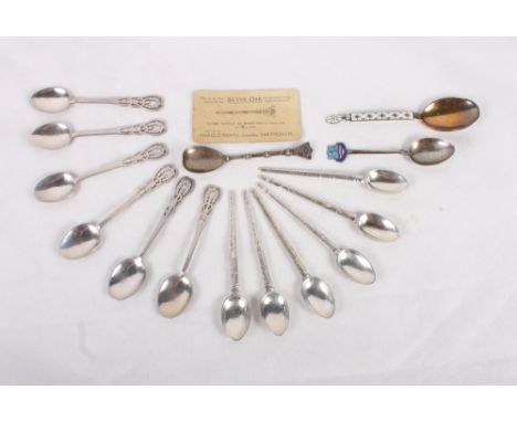 A Norwegian Tostrup enamelled silver spoon, two sets of six silver teaspoons and two other teaspoons, 6.8oz troy approx