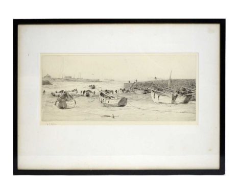 William Lionel Wyllie(1851-1931)"Cullercoats",pencil signed to the margin,etching,16 x 37.5cms (plate), in frame.