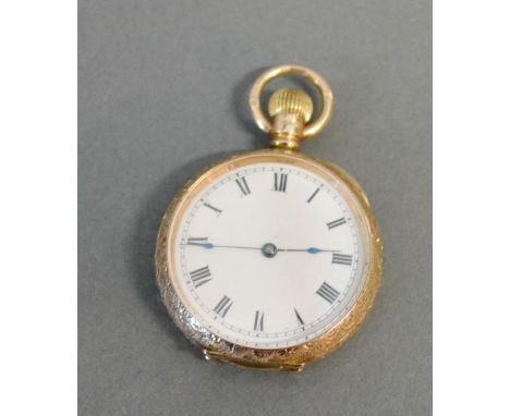 A 9ct. Gold Cased Pocket Watch, the engraved case with enamel dial and Roman numerals (keyless) 