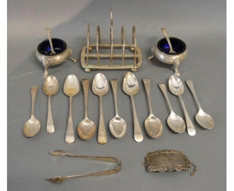 A London Silver Four Division Toast Rack, together with a pair of Victorian London silver salts, various silver spoons, a pai