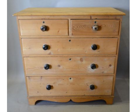 A 19th Century Pine Straight Front Chest of two short and three long drawers with ebonised knob handles and shaped apron rais