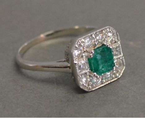 An 18ct. White Gold Art Deco Style Emerald and Diamond Ring 