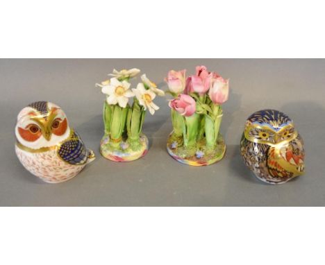 A Royal Crown Derby Imari Decorated Decanter in the form of an Owl, together with another similar and two Crown Staffordshire