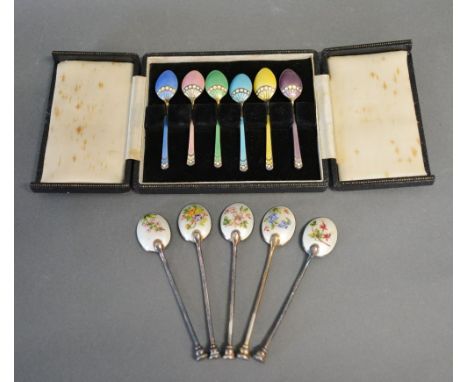 A Set of Six Birmingham Silver and Enamel Decorated Spoons, within fitted lined case, together with a set of five Birmingham 