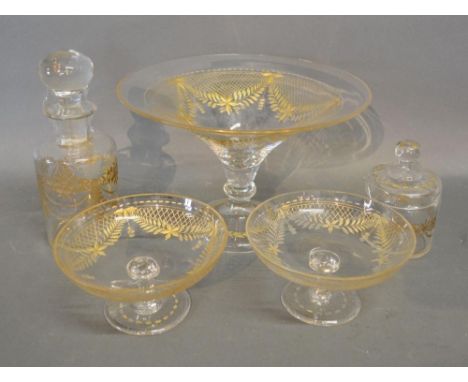 A Small Collection of Etched and Gilded Glassware to include a decanter with stopper, a comport and three other items 