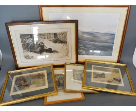 After Archibald Thorburn Woodcock, Monochrome and Print together with a small collection of coloured prints 