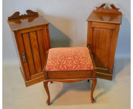 A Late Victorian Walnut Bedside Cabinet, together with another similar and a box seat piano stool 