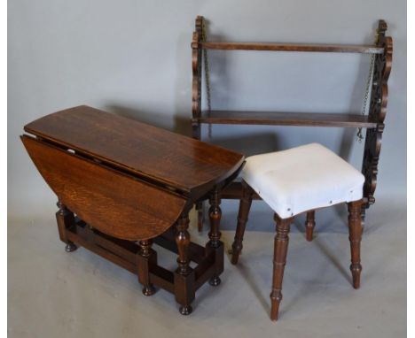 An Oak Small Oval Gateleg Table, together with a Wall Shelf, a Mahogany Stool and a set of four oak Dining Chairs 