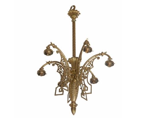 A late Victorian neo-Grec style gilt brass five light chandelier
With pierced decoration around a central rope twist and turn