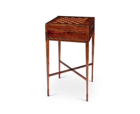 An unusual Regency rosewood and tulipwood banded games / writing / work table&nbsp;
Inlaid with boxwood lines, the square rev