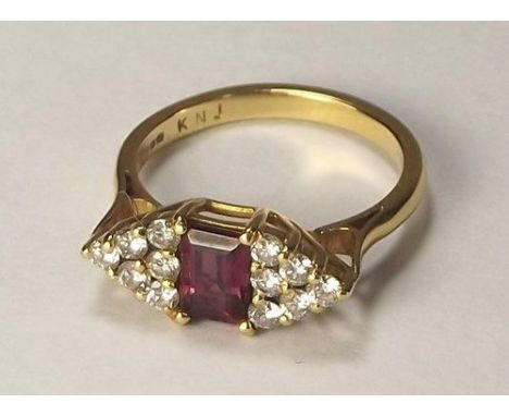 RUBY RING.
An 18ct. gold Art Deco style ruby & diamond ring. Size J. CONDITION REPORTS: This ring is dated for Birmingham 198