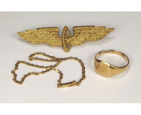 SIGNET RING ETC.
A 9ct. gold signet ring, an 18ct. gold bracelet & a 'winged wheel' lapel pin (possibly Civil Service Motorin