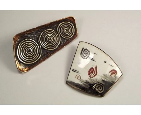 COSTUME JEWELLERY.
A 1950's abstract enamelled brooch & a 1950's silver on copper brooch, by JFR.