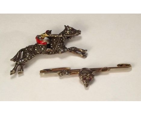 STOCK PIN ETC.
A 15ct. gold & platinum, diamond & ruby set fox head & riding crop stock pin (pin missing) & a cold painted en