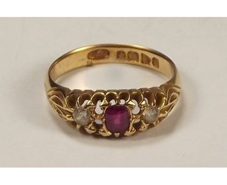 GOLD RING.
A Victorian, 18ct. gold ruby & diamond ring. Size O. CONDITION REPORTS: The ring is hallmarked Chester, 1898. Each