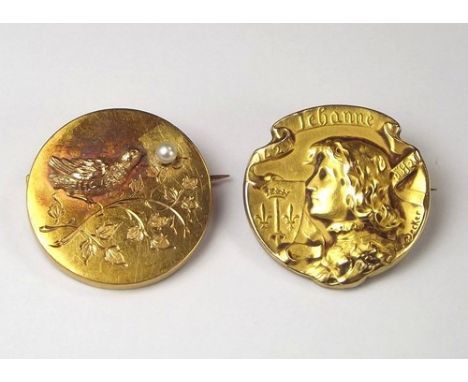 FRENCH BROOCHES.
A French gold brooch, with applied bird & pearl, stamped marks & an Art Nouveau French gold laminated Fix br