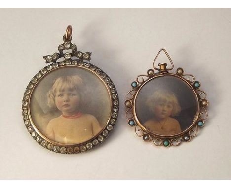 PHOTOGRAPH LOCKETS.
A 9ct. gold, pearl & turquoise set photograph locket, with heightened portraits & a French silver & paste