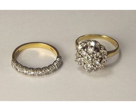 GOLD RINGS.
An 18ct. gold,half hoop diamond ring, size L & an 18ct. gold diamond cluster ring, size K.  CONDITION REPORTS: We