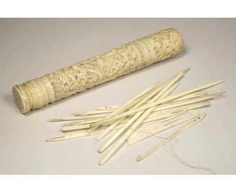 CHINESE NETTING CASE.
A 19th century Chinese, carved ivory netting case, with numerous tools. Length 15cm.