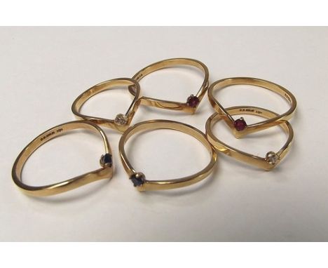 GOLD RINGS.
A set of six diamond, sapphire & ruby set rings. CONDITION REPORTS: Not all the rings are stamped, but one is hal