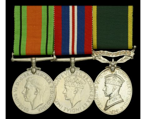 Three: Private R. C. Shepherd, Devonshire Regiment  Defence and War Medals 1939-45; Efficiency Medal G.VI.R., 2nd issue, Terr