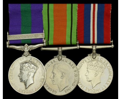 Three: Corporal T. E. Roberts, Devonshire Regiment  General Service 1918-62, 1 clasp, Palestine (5668433 Pte. T. E. Roberts. 