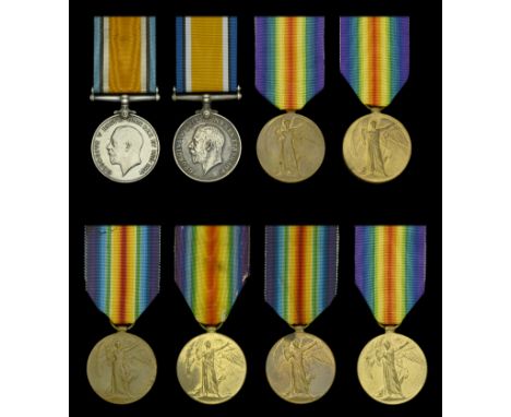 British War Medal 1914-20 (2) (15656 Cpl. C. James. R. Fus.; 37183 Pte. E. C. Baker. R. Fus.); Victory Medal 1914-19 (6) (G-1