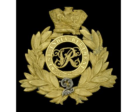 2nd West India Regiment Officer’s Tropical Helmet Plate. An 1878 pattern copper-gilt example, ‘V.R.’ cypher to centre with ‘W