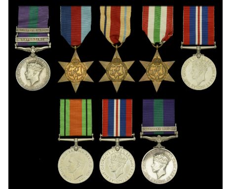 Five: Gunner E. Galloway, Royal Artillery General Service 1918-62, 2 clasps, Palestine, Palestine 1945-48, second clasp loose